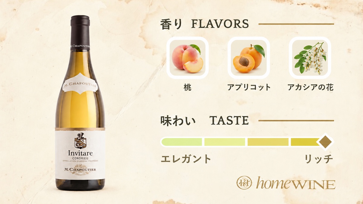 コンドリュー インヴィターレの香り：桃、アプリコット、アカシアの花。味わいはリッチ。
